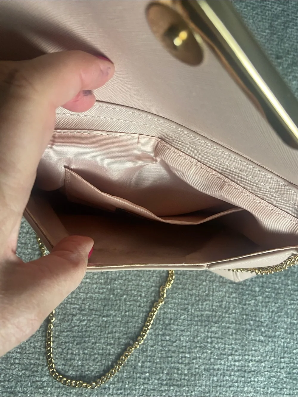 Blush Envelope Wristlet with Gold V-Detail and Chain